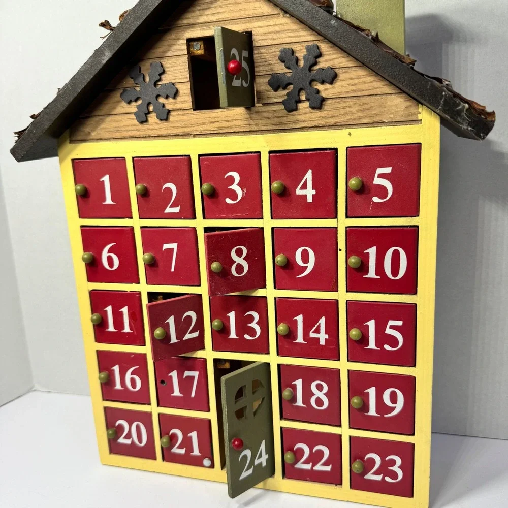 Wooden Christmas Advent Calendar House 25 Day‎ Countdown Red Yellow Green 14in